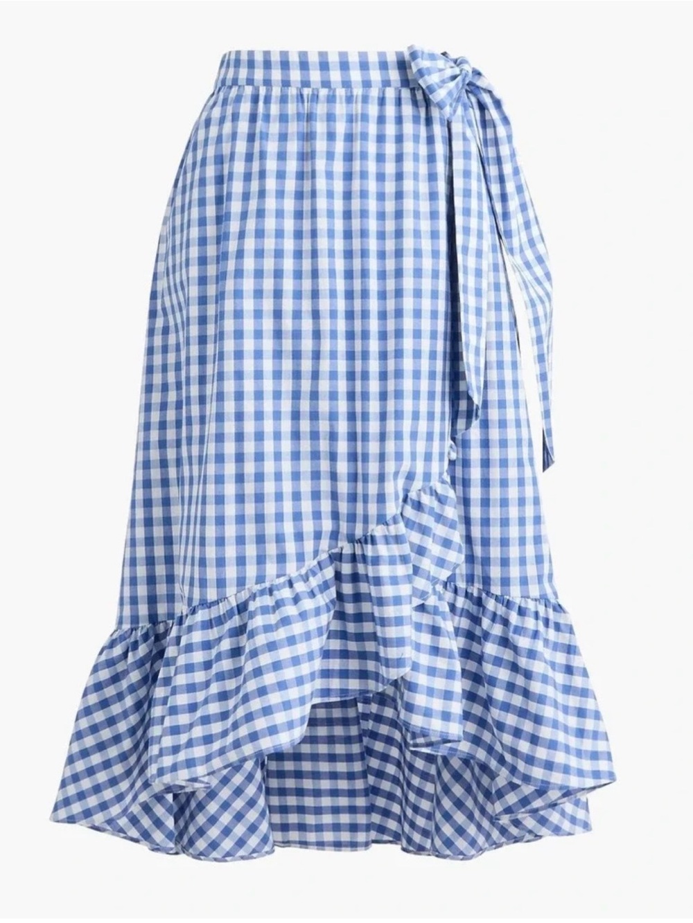 J. Crew Blue and White Gingham Ruffle Faux Wrap Midi Skirt